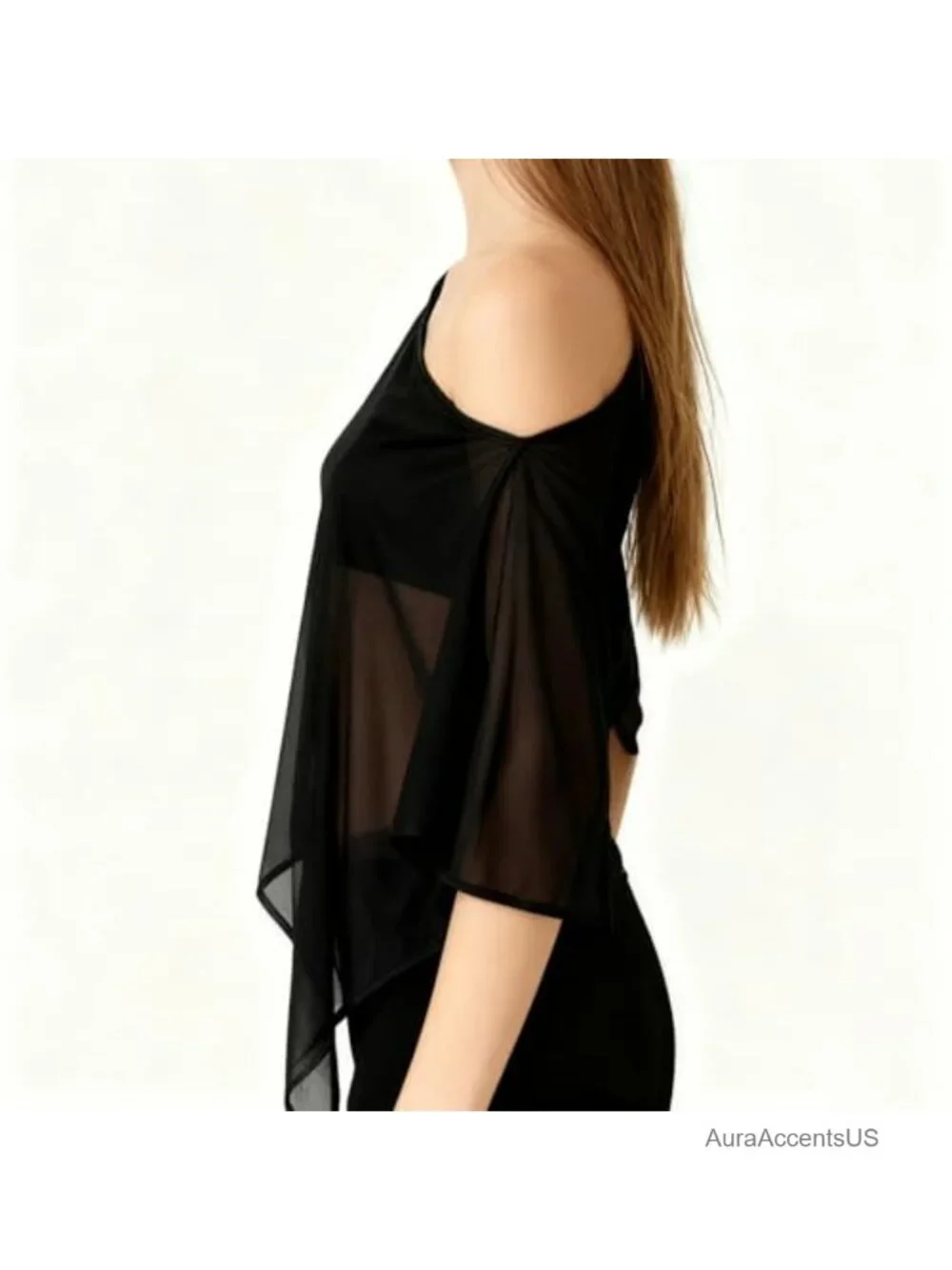 Sheer Mesh Poncho Women Lightweight Boat Neck Cape Coverup Asymmetrical Party